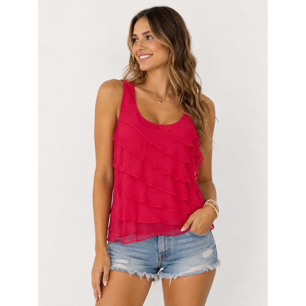Kenneth Cole New York Red Tiered Ruffle Sleeveless Tank Top Blouse Size 10